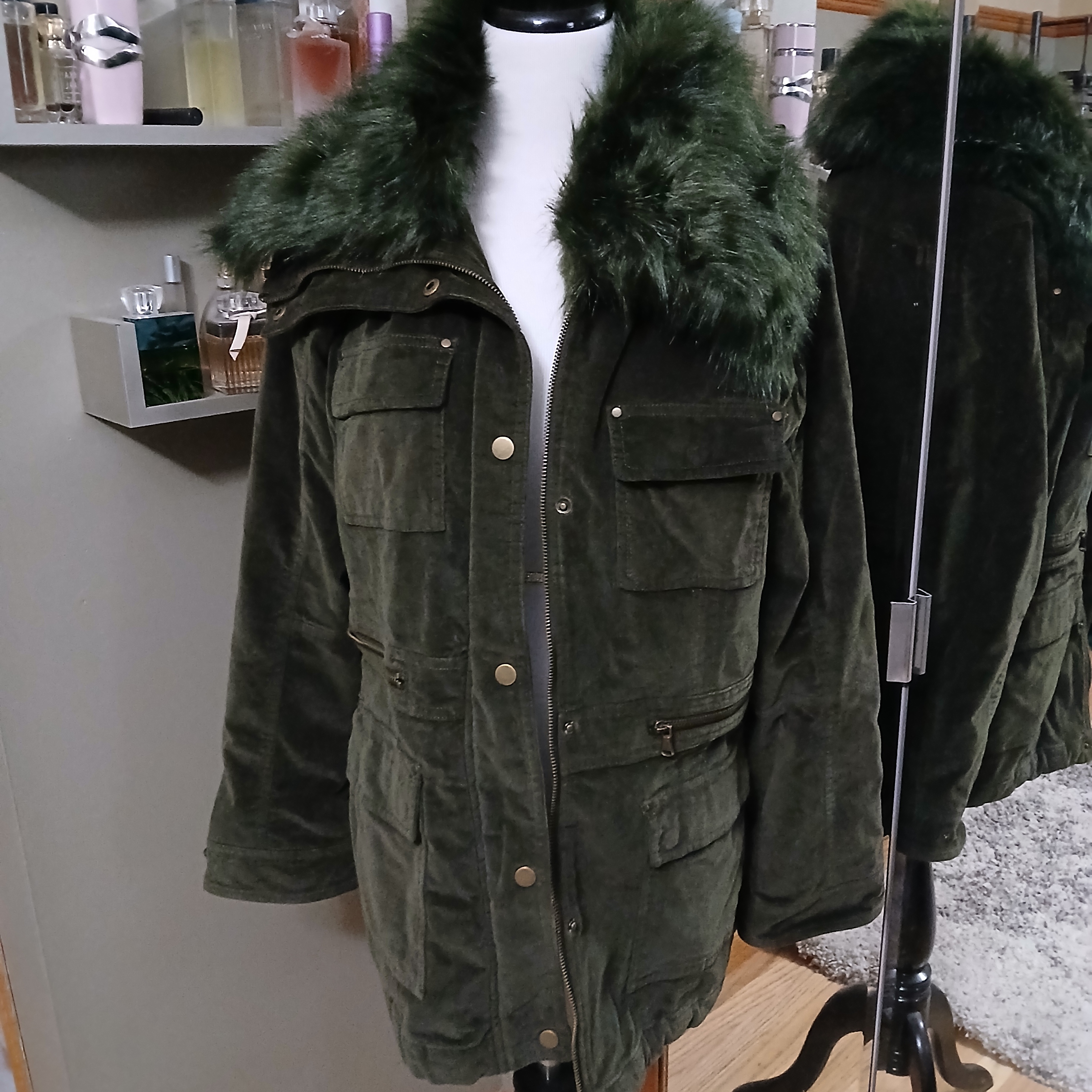 New York & Company Dark Green Utility Jacket With Faux Fur